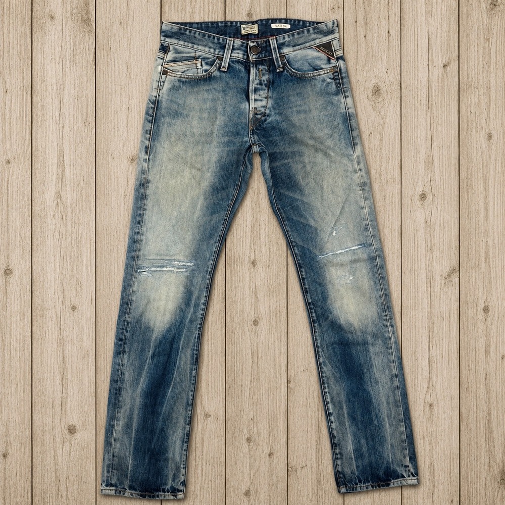 Replay Waitom Men Blue Distressed Slim Straight Jeans 28x32 M983